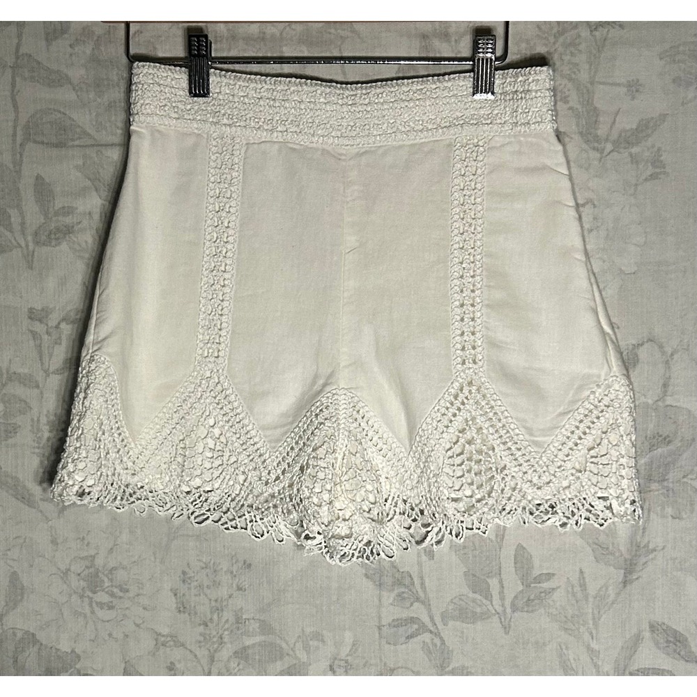 Boho Crochet Lace Trim White Linen Blend Shorts Festival Beach Vacation